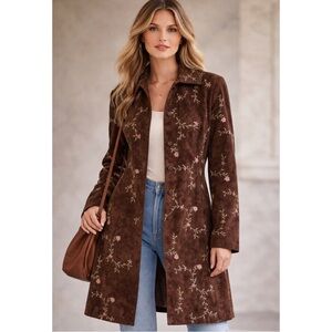 In Suede Vintage Floral Embroidered Brown Leather Coat Boho Long Jacket S 4 - 6